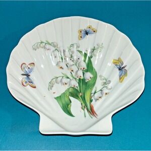Vintage Limoges France Porcelain Shell Dish Lily of the Valley Butterflies